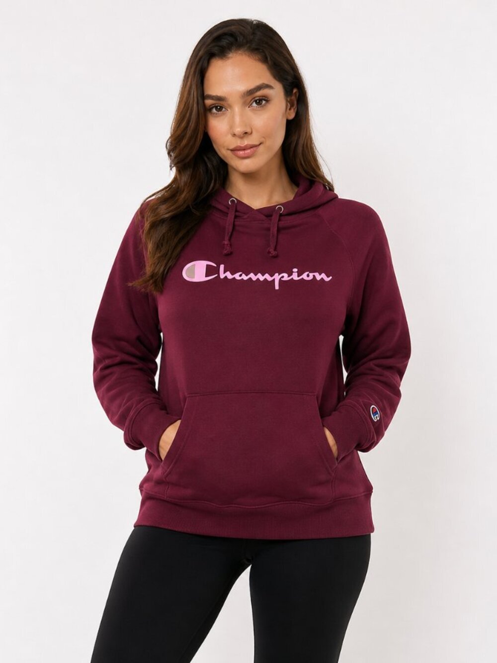 Champion Womens Hoodie Small Burgundy Logo Pullover Sweatshirt Casual